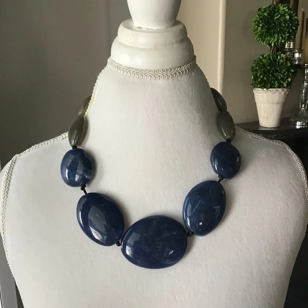 Blue River Stone Look Statement Necklace Blue Gray Flat Beads Black Cord NEW - Picture 2 of 9